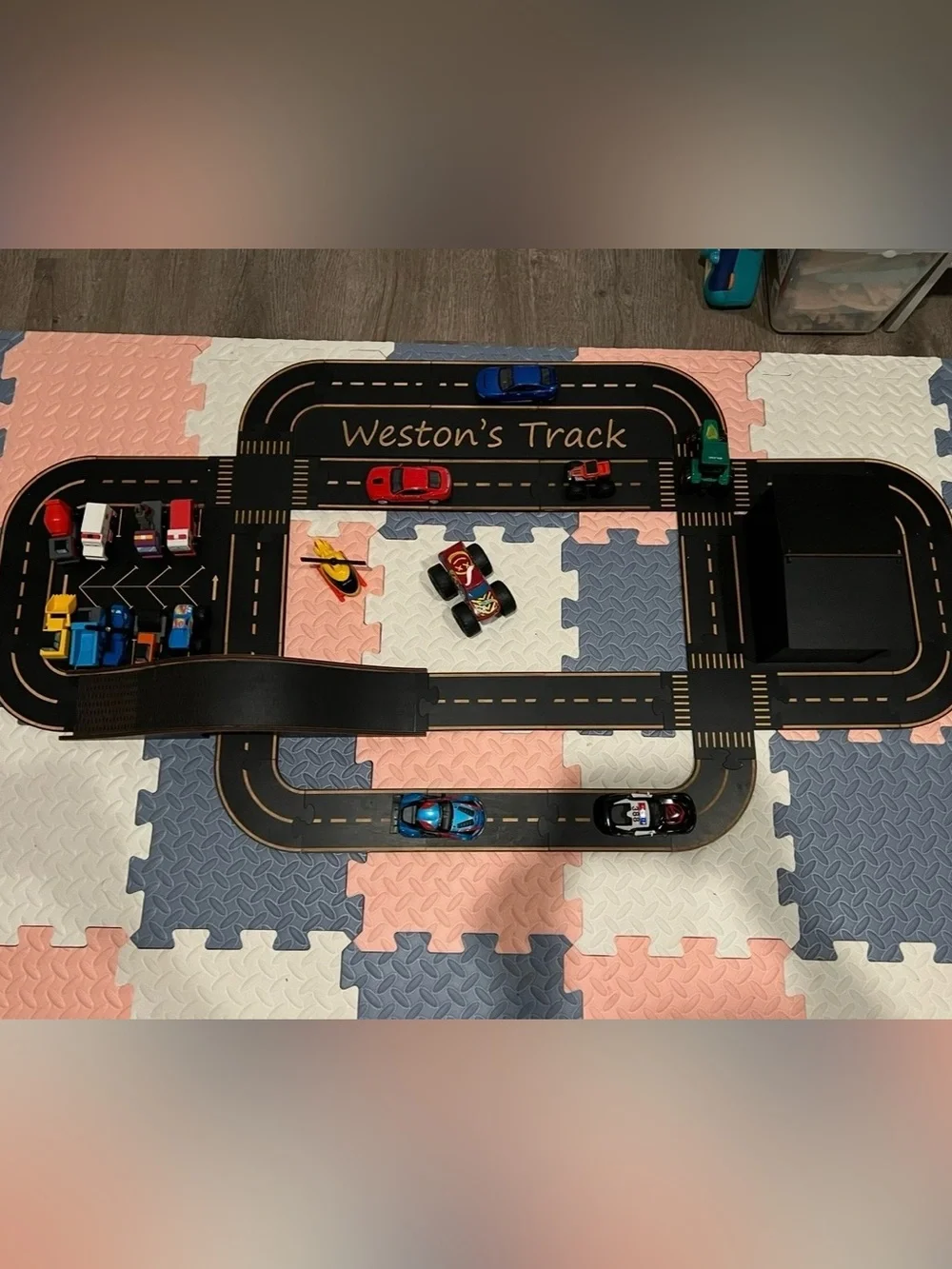 Wooden car track, custom made on Etsy. (Name piece can be removed prior to sale)